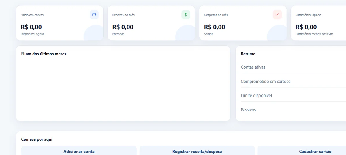 Captura real do dashboard do VidaFin mostrando saldo, receitas, despesas, patrimônio, fluxo mensal e resumo financeiro